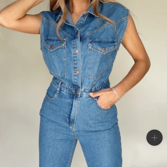 Miou Muse Pants - Miou Muse Denim Blue Jean Button Up Sleeveless Jumpsuit